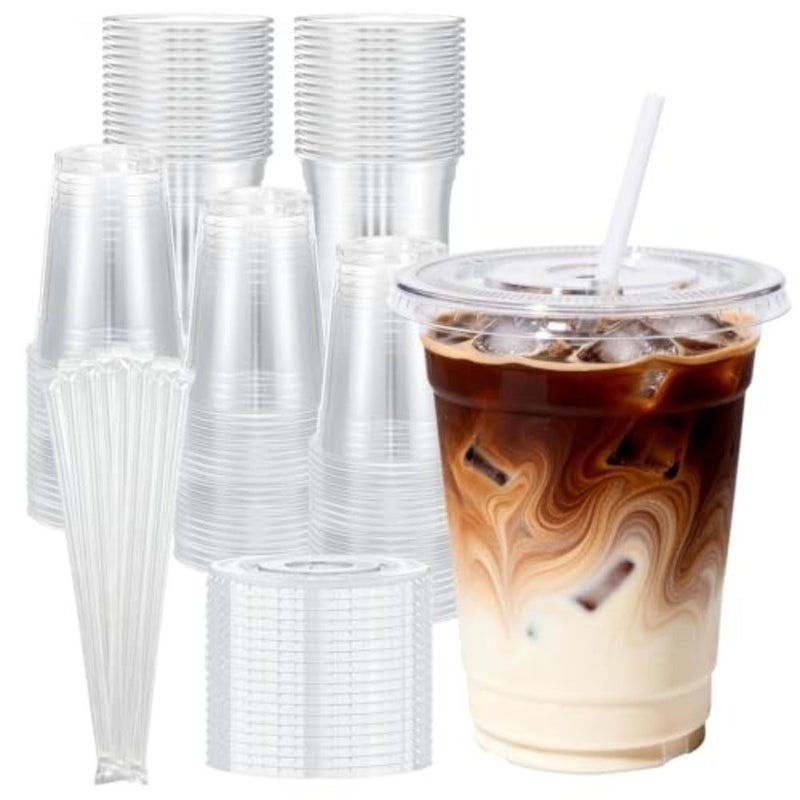 Plastic Cups with Lids and Straws 100 Pack 16 oz Clear Disposable Iced Coffee Cups - Image 1