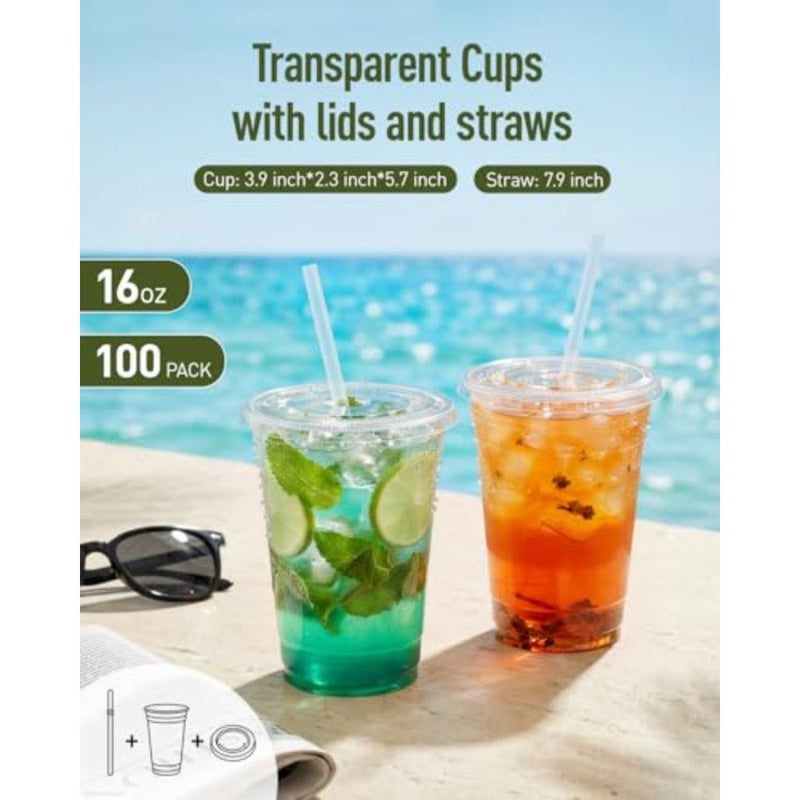 Plastic Cups with Lids and Straws 100 Pack 16 oz Clear Disposable Iced Coffee Cups - Image 5