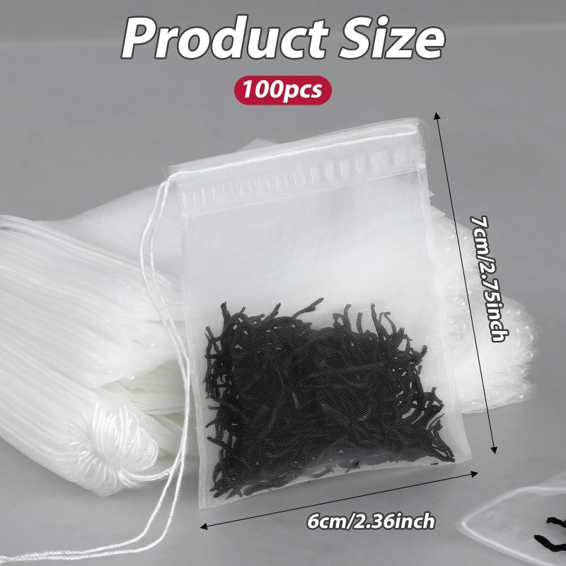 salbsever 100 Pcs Loose Tea Bags Tea Filter Bags Disposable Mesh Small Drawstring Empty Tea Bags for Coffee, Spice Sachet, Bath Cooking 2.36 x 2.75 Inch - Image 2