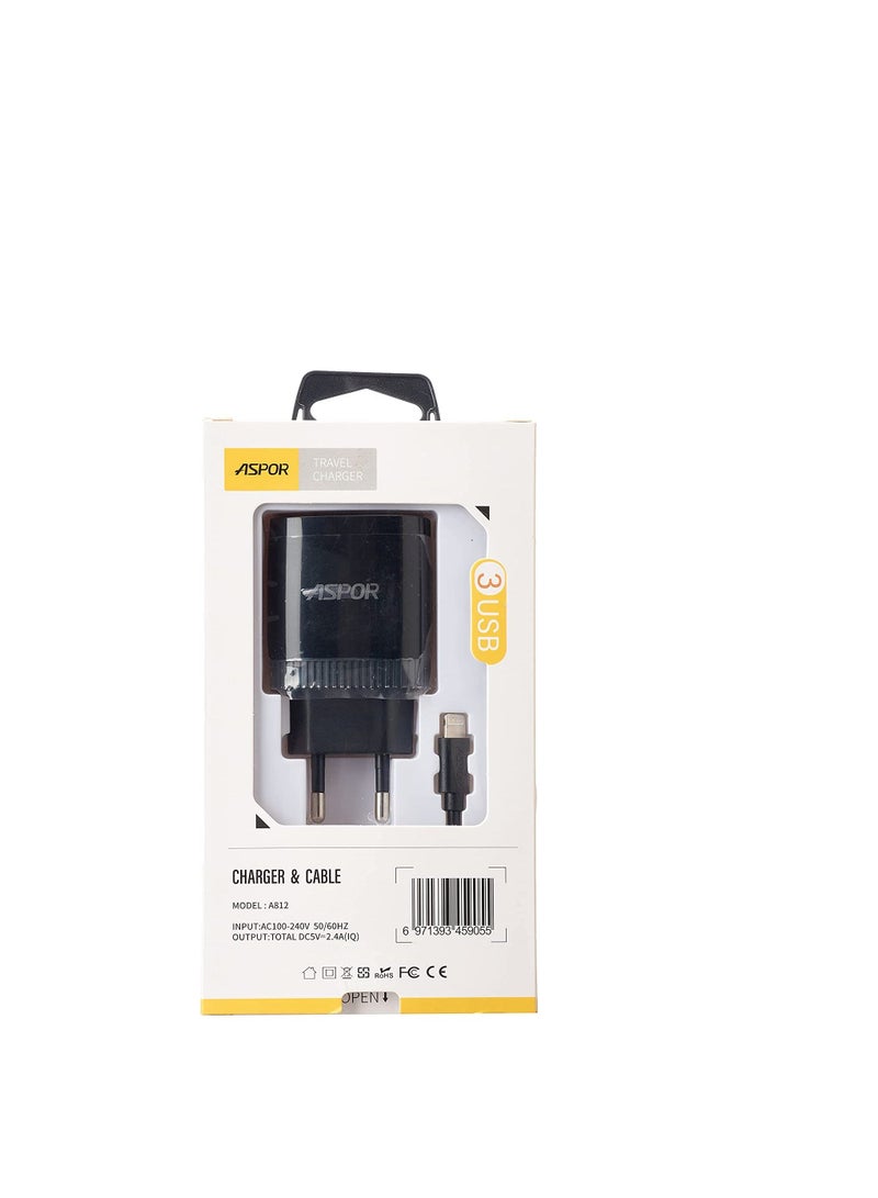 Aspor A812 2.4 A IQ Home charger Plus IPHONE Cable 3 USB - Black  - Image 4