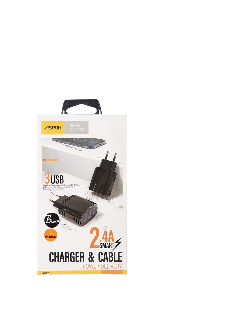 Aspor A812 2.4 A IQ Home charger Plus IPHONE Cable 3 USB - Black  - Image 5