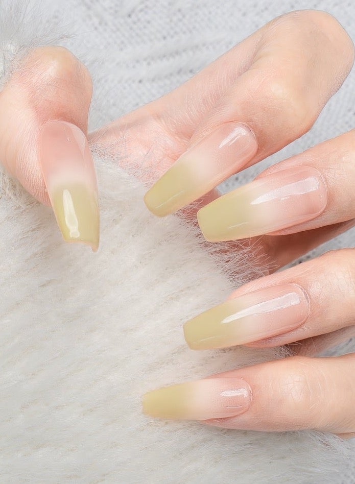 Nailosophy 10 Pcs Handmade Gel Press On Nails Long Coffin Nude Peach Yellow Ombre Reusable False Nails Nail Kit for Women Daily Wear Office Wedding Eid - Image 1