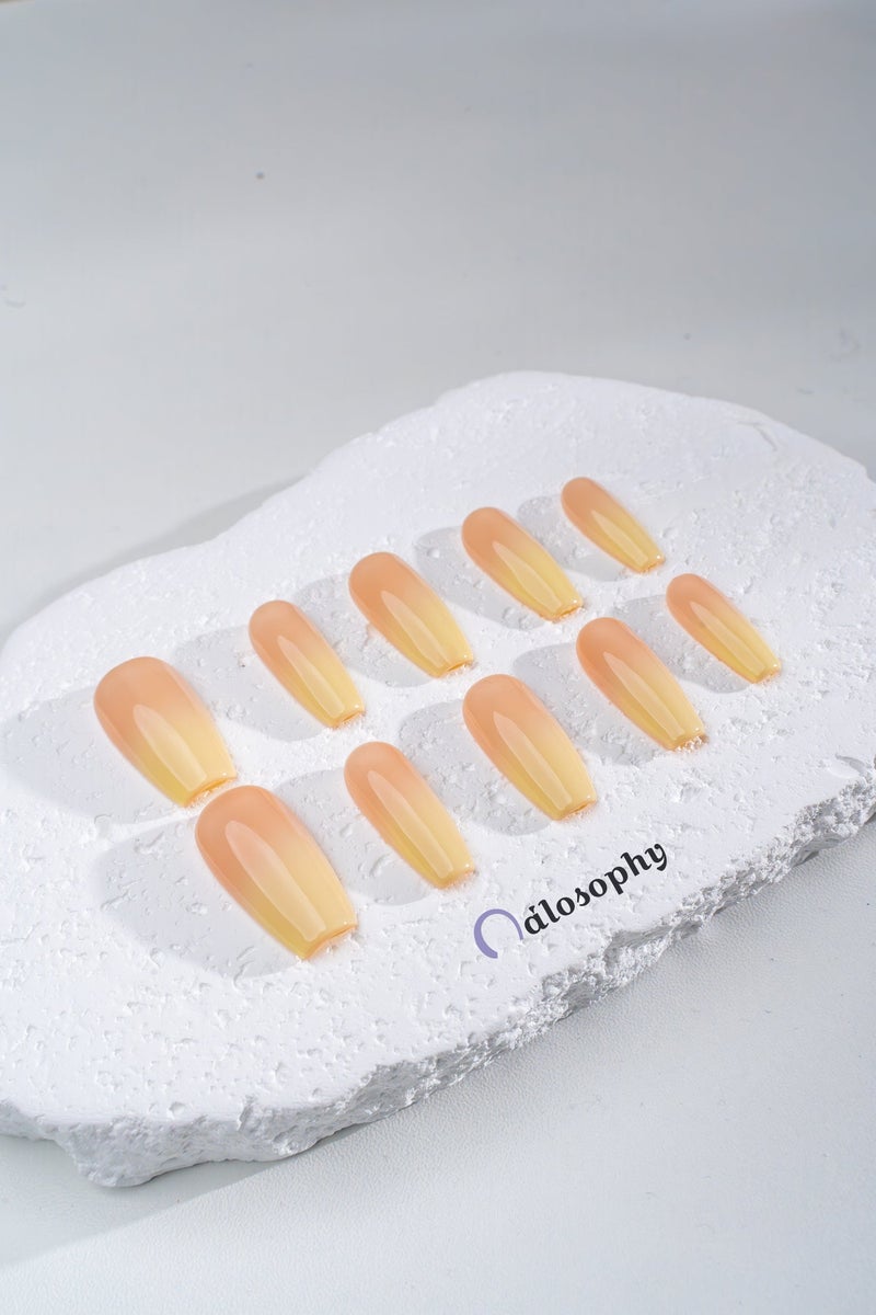 Nailosophy 10 Pcs Handmade Gel Press On Nails Long Coffin Nude Peach Yellow Ombre Reusable False Nails Nail Kit for Women Daily Wear Office Wedding Eid - Image 2