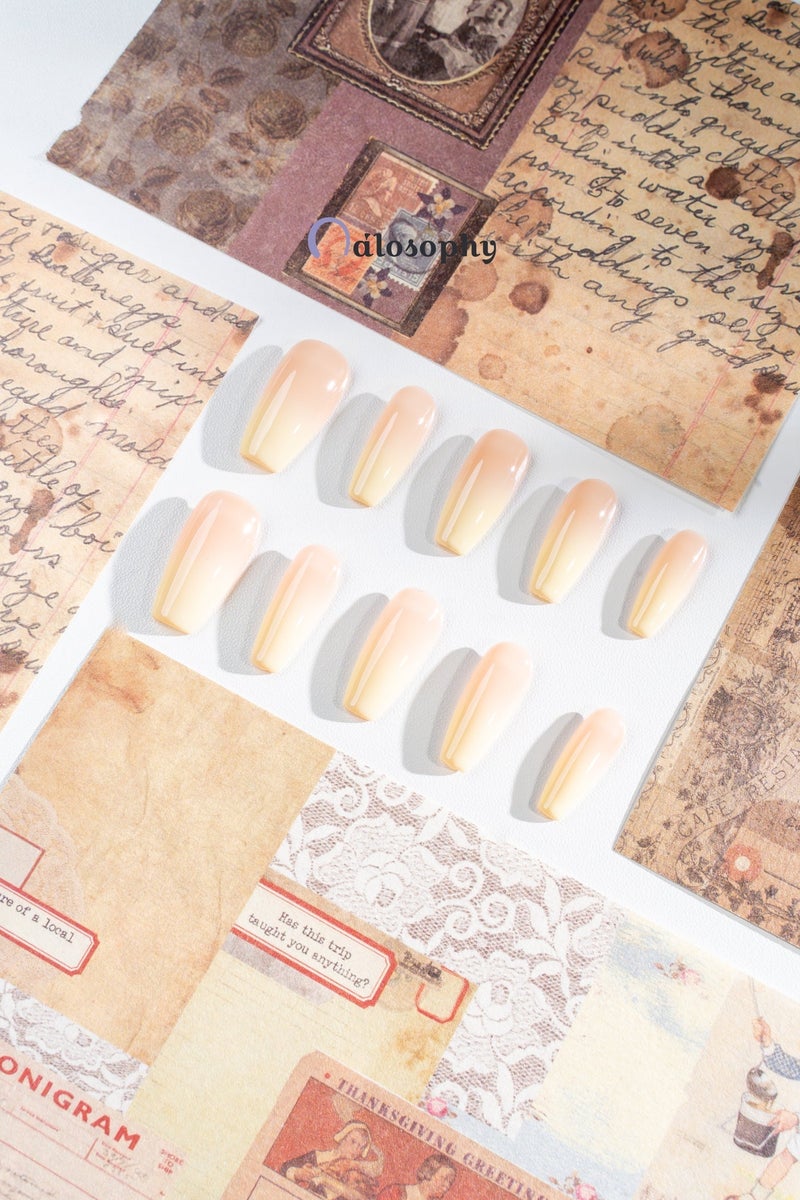 Nailosophy 10 Pcs Handmade Gel Press On Nails Long Coffin Nude Peach Yellow Ombre Reusable False Nails Nail Kit for Women Daily Wear Office Wedding Eid - Image 4