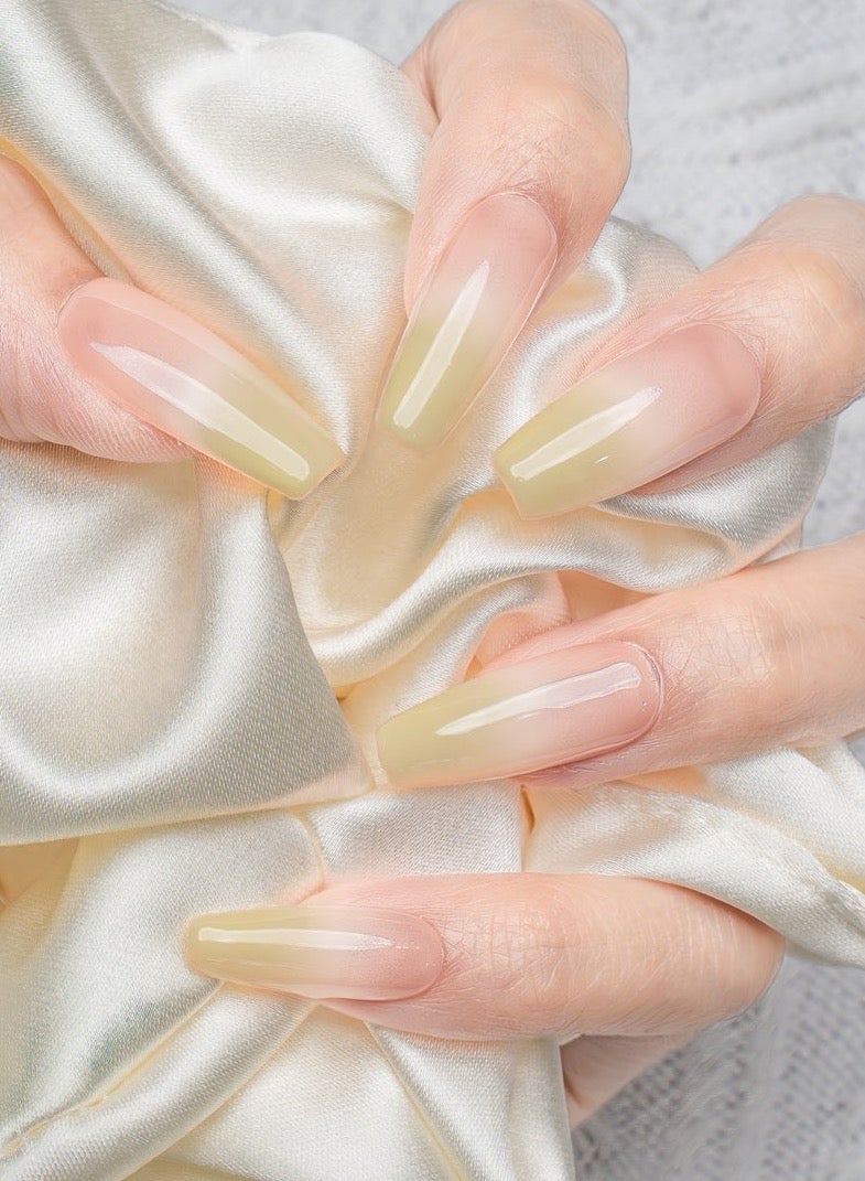 Nailosophy 10 Pcs Handmade Gel Press On Nails Long Coffin Nude Peach Yellow Ombre Reusable False Nails Nail Kit for Women Daily Wear Office Wedding Eid - Image 3