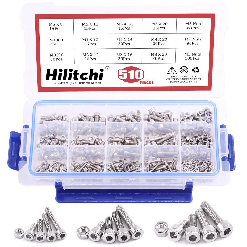 Hilitchi 510pcs M3 M4 M5 Stainless Steel Hex Socket Head Cap Bolts Screws Nuts Assortment Kit - 304 Stainless Steel (Hex Socket) - Image 1