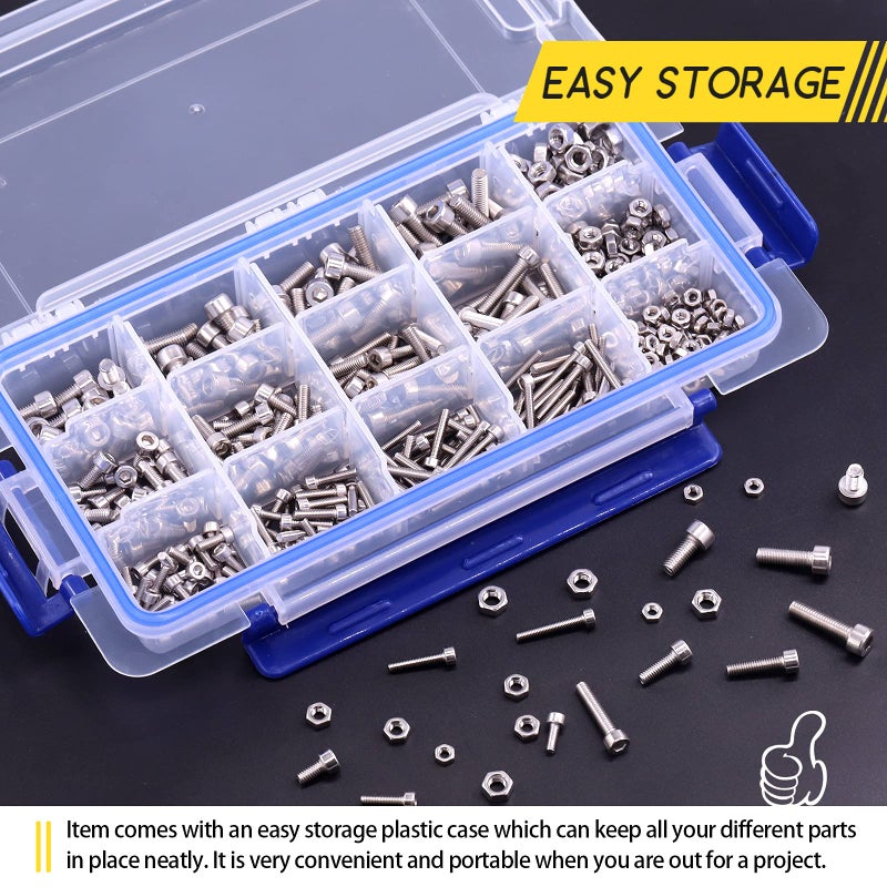 Hilitchi 510pcs M3 M4 M5 Stainless Steel Hex Socket Head Cap Bolts Screws Nuts Assortment Kit - 304 Stainless Steel (Hex Socket) - Image 5