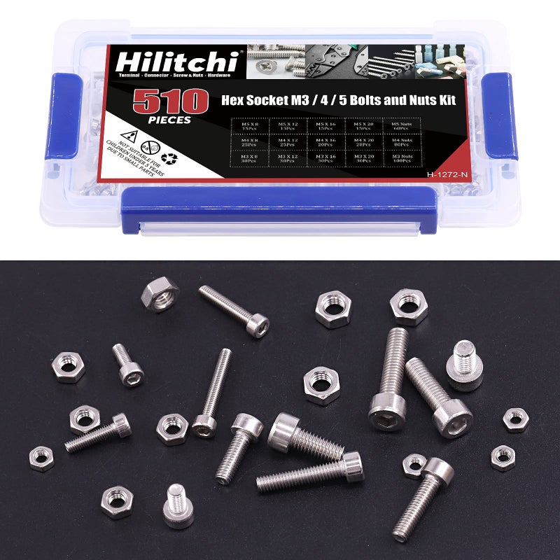 Hilitchi 510pcs M3 M4 M5 Stainless Steel Hex Socket Head Cap Bolts Screws Nuts Assortment Kit - 304 Stainless Steel (Hex Socket) - Image 3