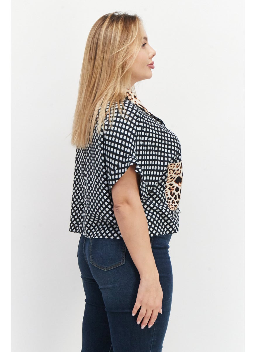 rvca - Women Spread Collar Short Sleeves Allover Print Casual Shirt, Blue Combo - Image 1