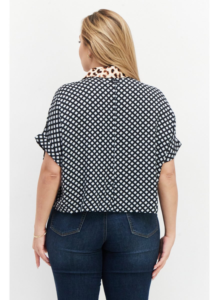 rvca - Women Spread Collar Short Sleeves Allover Print Casual Shirt, Blue Combo - Image 1