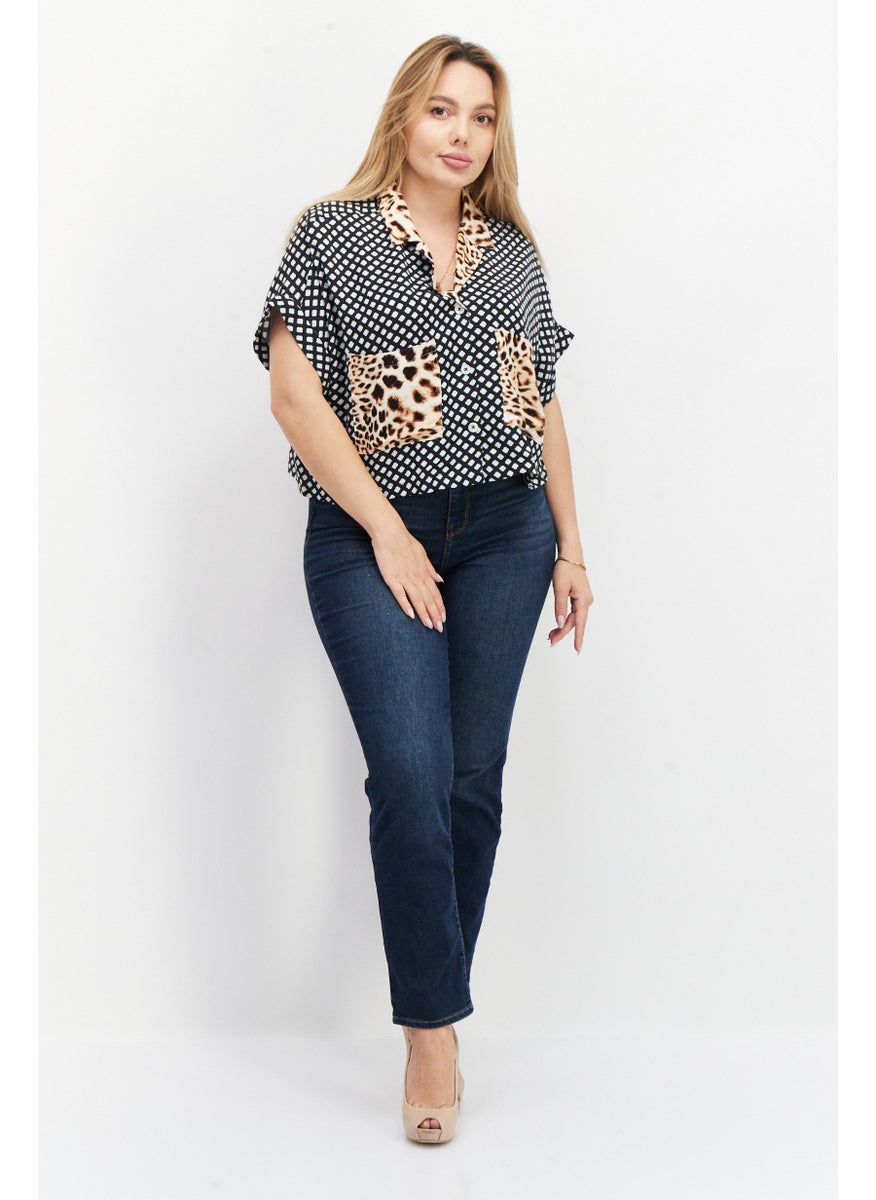 rvca - Women Spread Collar Short Sleeves Allover Print Casual Shirt, Blue Combo - Image 1