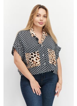Women Spread Collar Short Sleeves Allover Print Casual Shirt, Blue Combo