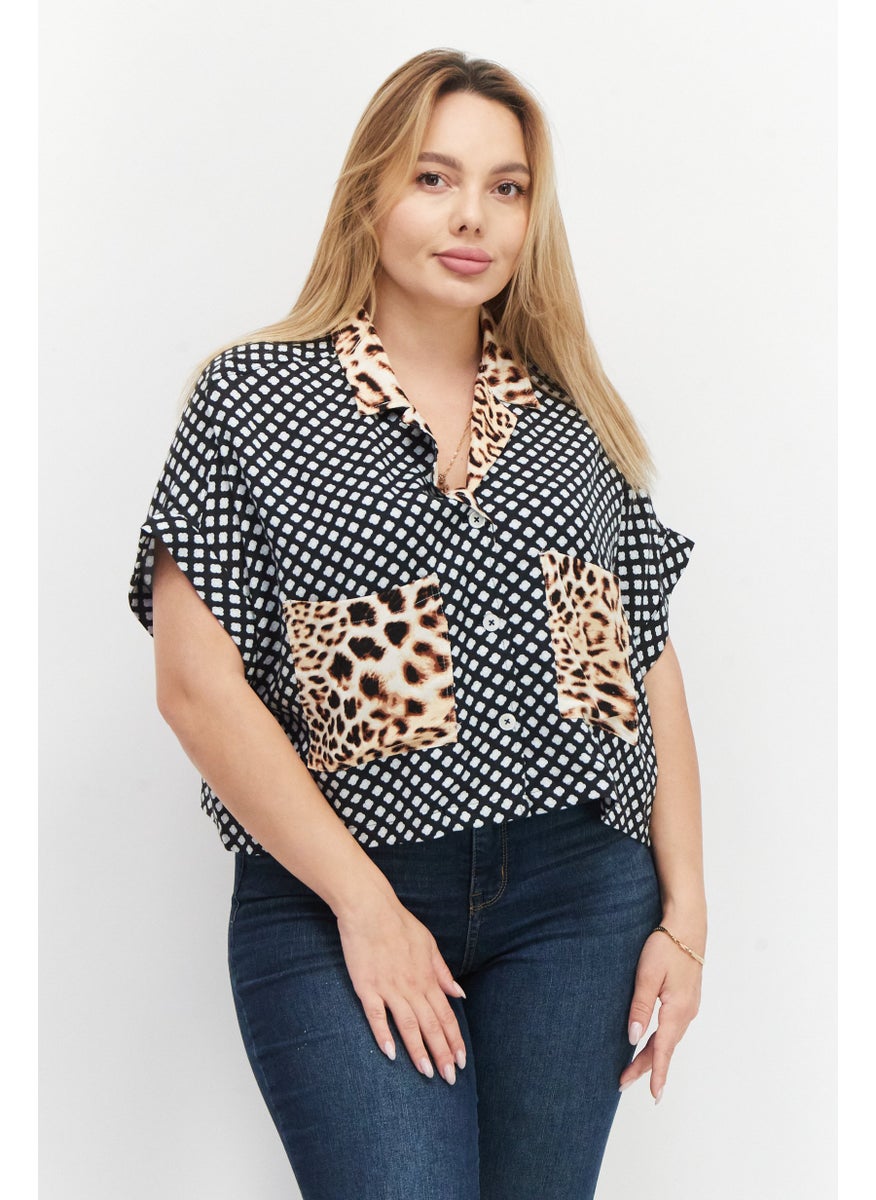 rvca - Women Spread Collar Short Sleeves Allover Print Casual Shirt, Blue Combo - Image 1