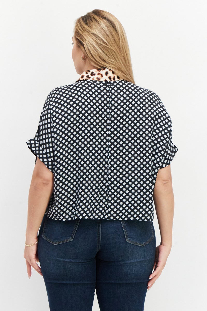 rvca Women Spread Collar Short Sleeves Allover Print Casual Shirt, Blue Combo - Image 2