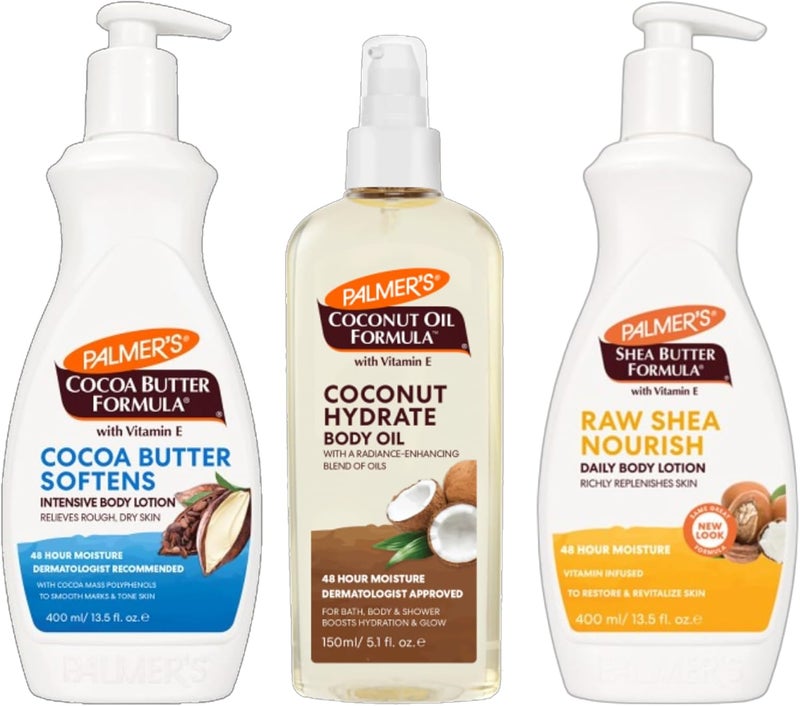 Palmers Body Lotion 3Piece Bundle Hydrate Repair Glow Set with Cocoa Butter Coconut Oil Shea Formula Daily Moisturising Skin Therapy Kit