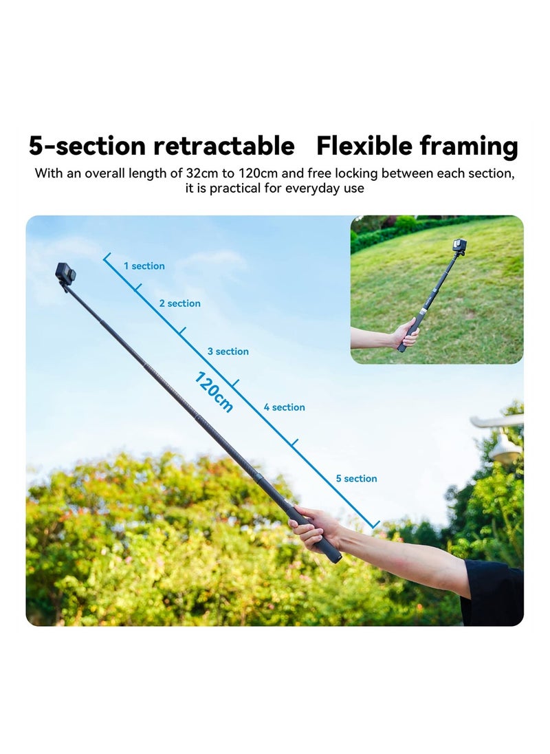 SYOSI - Invisible Selfie Stick for GoPro Insta360 (120cm/47.2 inch), Lightweight Carbon Fiber Extension Pole for Go Pro Max Hero 11 10 9 8 7 6 5 One X2 X3 DJI Action 2 3 AKASO 360 Camera - Image 1