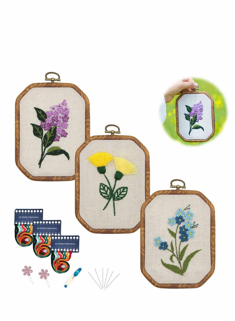 3 Pack Embroidery Starter Kit with Pattern, Three-Dimensional Embroidery European-Style Flowers and Plants, Cross Stitch Kit Handmade Needlepoint Kits for Adults Beginners - Image 1