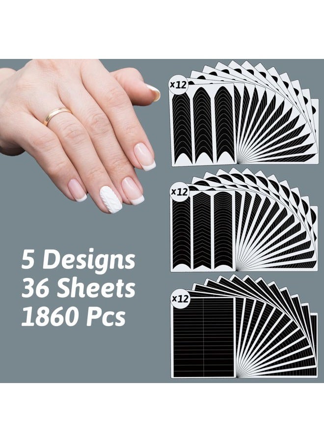 winthrop 1860 Pcs French Tip Nail Guides, Self-Adhesive French V-Shaped Moon Shaped Manicure Strip Stickers for Edge Auxiliary Black DIY Decoration Stencil Tools(5 Designs, 36 Sheets) - Image 2