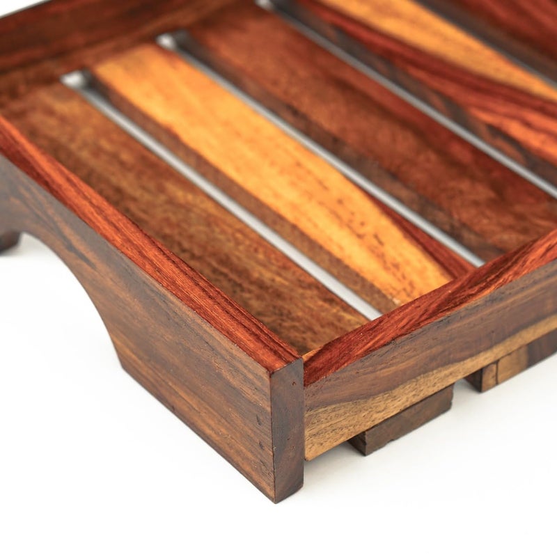 RAMADHARI CREATION Wooden Serving Tray Brown, Slatted DesignWood Serving Trays Set, Rustic Nesting Trays Stackable Platters for Serving Cakes, Snacks, Breakfast, Coffee, Party(Brown- Set of 2 Rectangular - Image 3