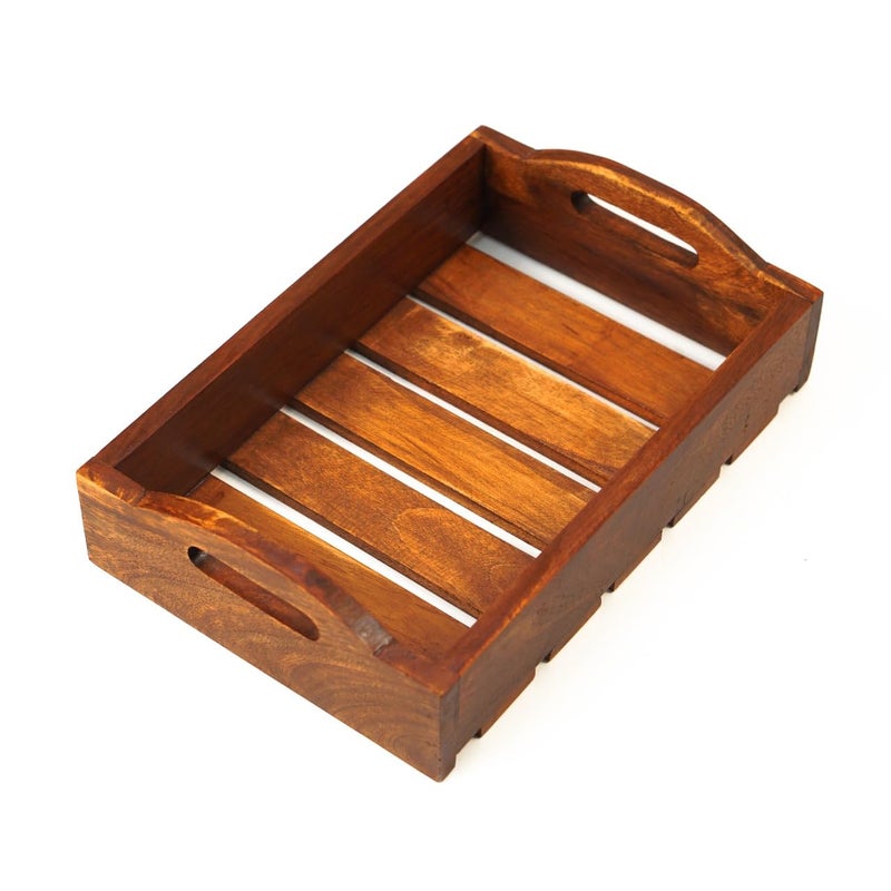 RAMADHARI CREATION Wooden Serving Tray Brown, Slatted DesignWood Serving Trays Set, Rustic Nesting Trays Stackable Platters for Serving Cakes, Snacks, Breakfast, Coffee, Party(Brown- Set of 2 Rectangular - Image 1