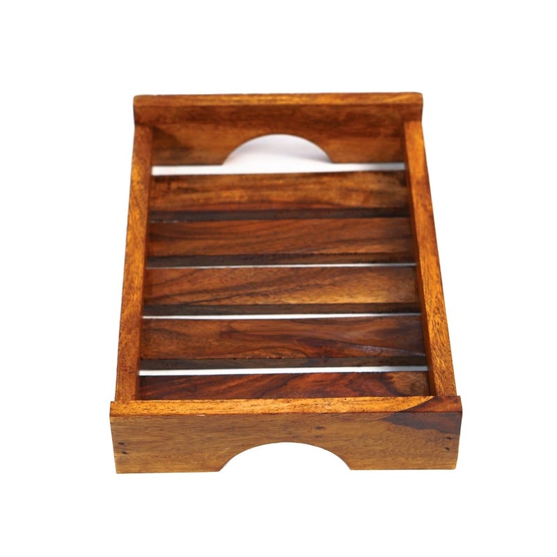 RAMADHARI CREATION Wooden Serving Tray Brown, Slatted DesignWood Serving Trays Set, Rustic Nesting Trays Stackable Platters for Serving Cakes, Snacks, Breakfast, Coffee, Party(Brown- Set of 2 Rectangular - Image 4