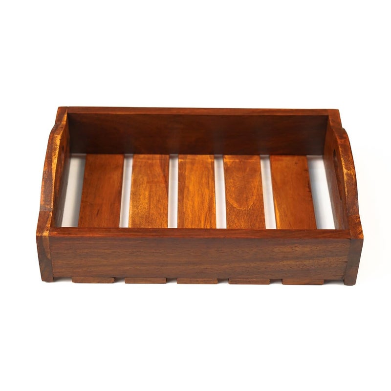 RAMADHARI CREATION Wooden Serving Tray Brown, Slatted DesignWood Serving Trays Set, Rustic Nesting Trays Stackable Platters for Serving Cakes, Snacks, Breakfast, Coffee, Party(Brown- Set of 2 Rectangular - Image 2