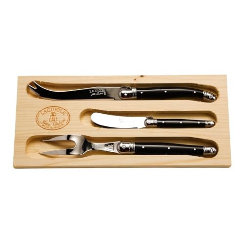 Jean Dubost Laguiole 3-Piece Cheese Knife Set, Black Handles - Rust-Resistant Stainless Steel - Includes Wooden Tray - Made in France - Image 1