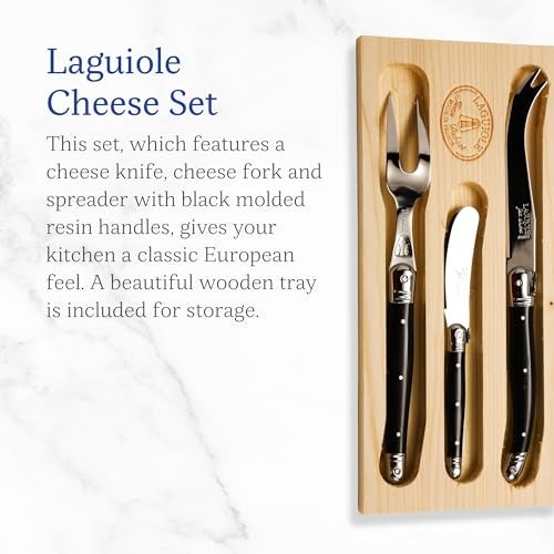 Jean Dubost Laguiole 3-Piece Cheese Knife Set, Black Handles - Rust-Resistant Stainless Steel - Includes Wooden Tray - Made in France - Image 2