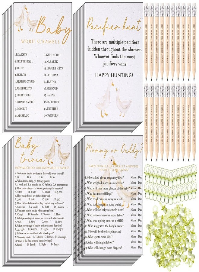 Sinload 36 Sets Goose Baby Shower Games for 36 Guest Include Baby Shower Bingo Game Pacifier Hunt Word Scramble Mommy or Daddy Games with 20 Pencils 50 Acrylic Pacifiers for Boy Girl - Image 1