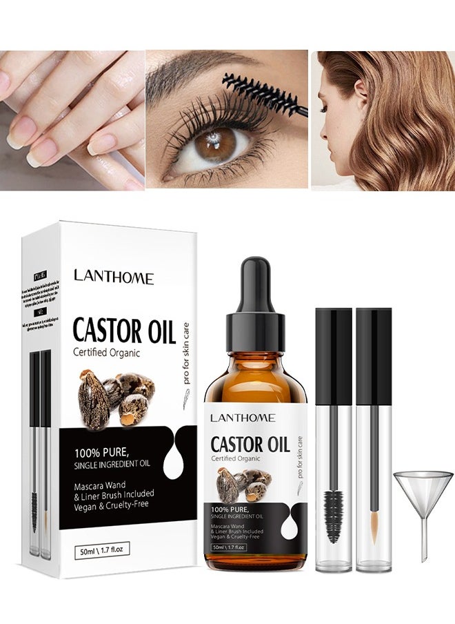 Lanthome Castor Oil Certified Organic，Castor Oil For Eyelashes and Eyebrows, Organic Jamaican Black Castor Oil Cold Pressed Hair Growth Oil, Skin Moisturizer Body Oil ith Eyelash Kit 50ml  - Image 1