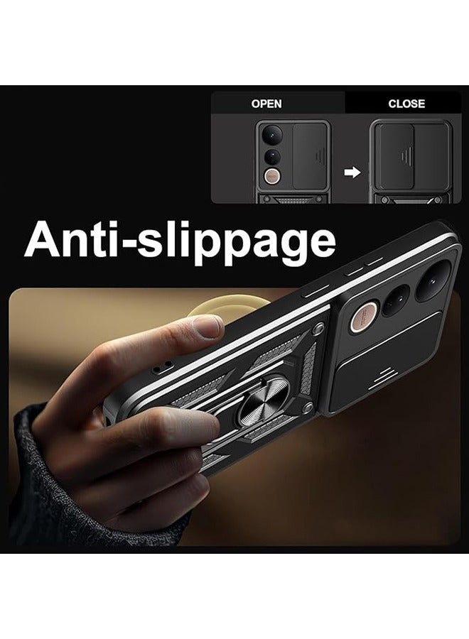 Compatible for Vivo V50 Lite 5G Case with Sliding Camera, Integrated 360 Degree Rotating Ring Kickstand, Shockproof Protective Cover, Anti-Fall Drop Protection, Shockproof Case, Black  - Image 3