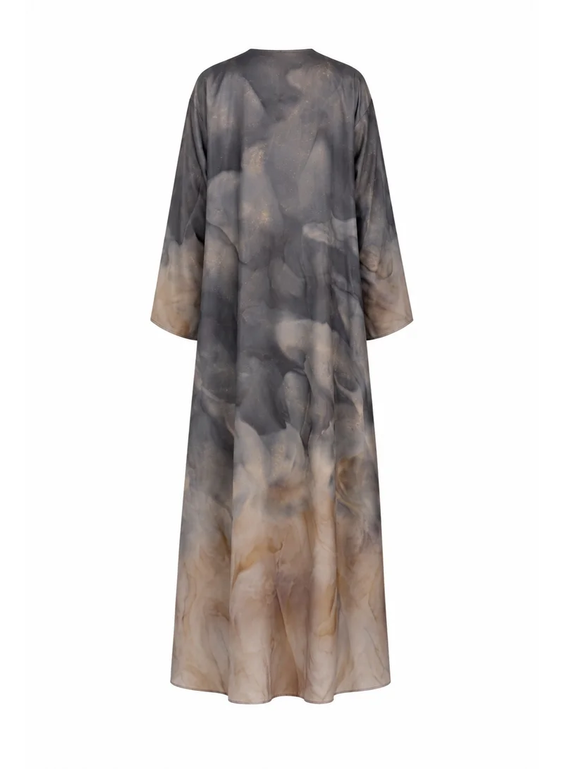 Amnad International Desert Mist Silk Abaya with Matching Chiffon Hijab | Smoky Charcoal & Sandstone Watercolour Print, Sizes 52-60 inches