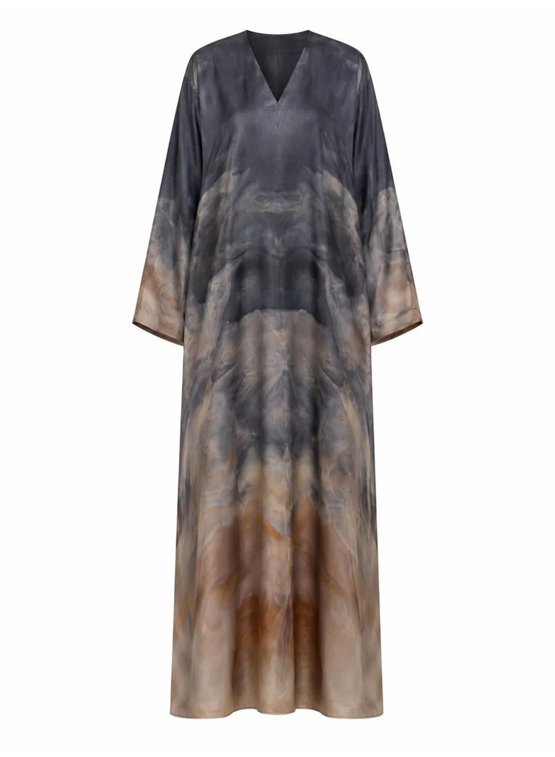 Amnad International Desert Mist Silk Abaya with Matching Chiffon Hijab | Smoky Charcoal & Sandstone Watercolour Print, Sizes 52-60 inches