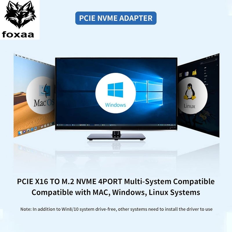 foxaa SaiRetail.Com 4 Port NVMe to PCIe Host Controller Expansion Card, M.2 NVME to PCIe X16 Adapter, Support 2230 2242 2260 2280, System Free Drive, 4×32Gbps, with Mounting Accessories (ph44) - Image 3
