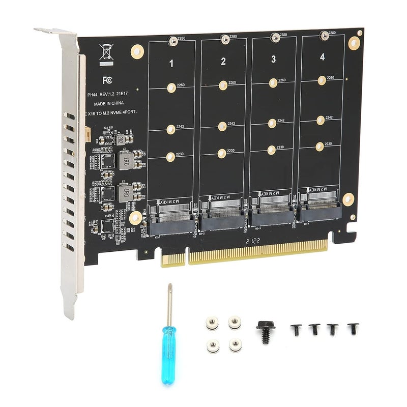 foxaa SaiRetail.Com 4 Port NVMe to PCIe Host Controller Expansion Card, M.2 NVME to PCIe X16 Adapter, Support 2230 2242 2260 2280, System Free Drive, 4×32Gbps, with Mounting Accessories (ph44) - Image 1