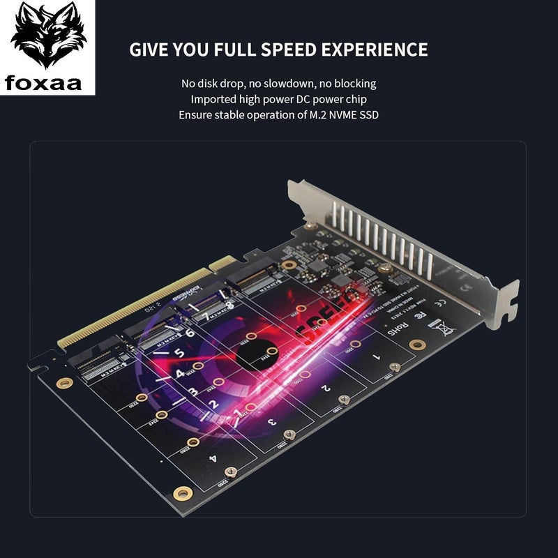 foxaa SaiRetail.Com 4 Port NVMe to PCIe Host Controller Expansion Card, M.2 NVME to PCIe X16 Adapter, Support 2230 2242 2260 2280, System Free Drive, 4×32Gbps, with Mounting Accessories (ph44) - Image 2