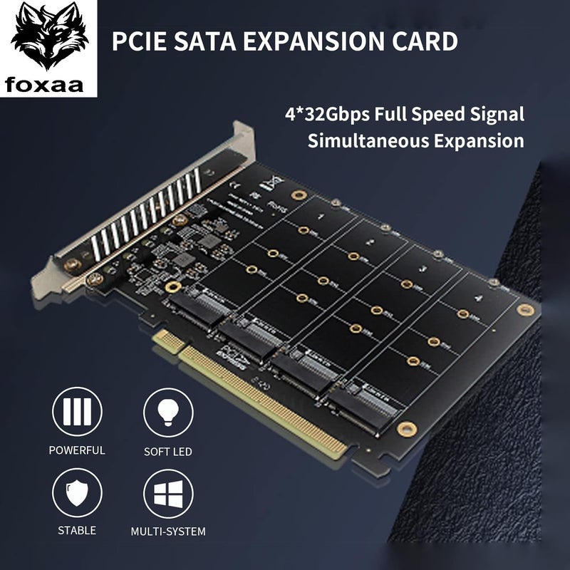 foxaa SaiRetail.Com 4 Port NVMe to PCIe Host Controller Expansion Card, M.2 NVME to PCIe X16 Adapter, Support 2230 2242 2260 2280, System Free Drive, 4×32Gbps, with Mounting Accessories (ph44) - Image 4