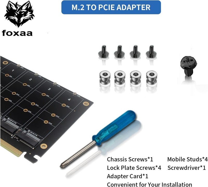 foxaa SaiRetail.Com 4 Port NVMe to PCIe Host Controller Expansion Card, M.2 NVME to PCIe X16 Adapter, Support 2230 2242 2260 2280, System Free Drive, 4×32Gbps, with Mounting Accessories (ph44) - Image 5