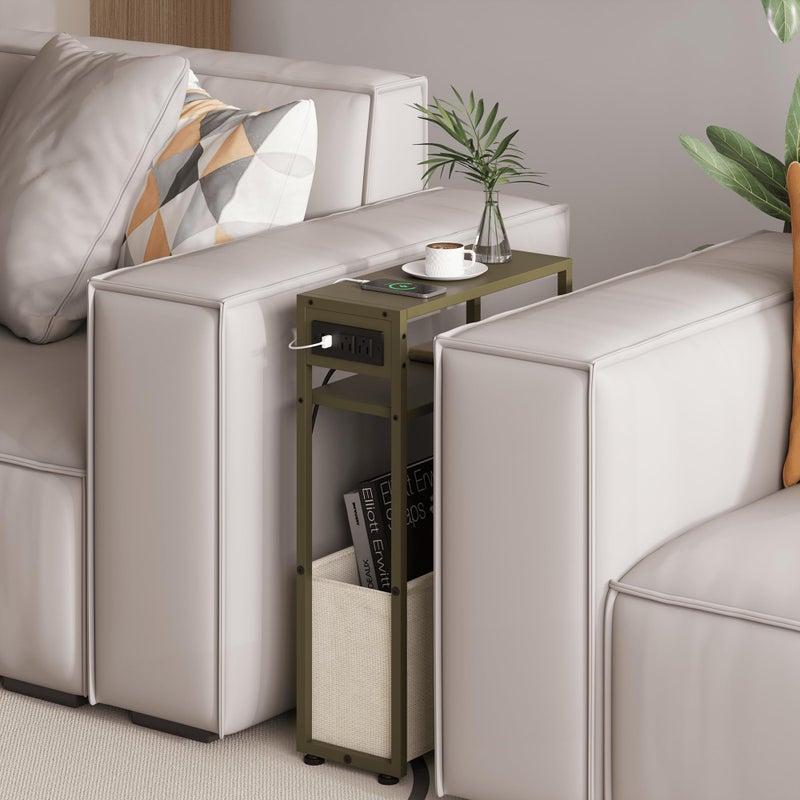 Leomonio Green Side Table with Charging Station, Slim End Tables with Linen Basket, Skinny Table for Small Spaces, Thin Bedside Table for Living Room, Bedroom - Image 4