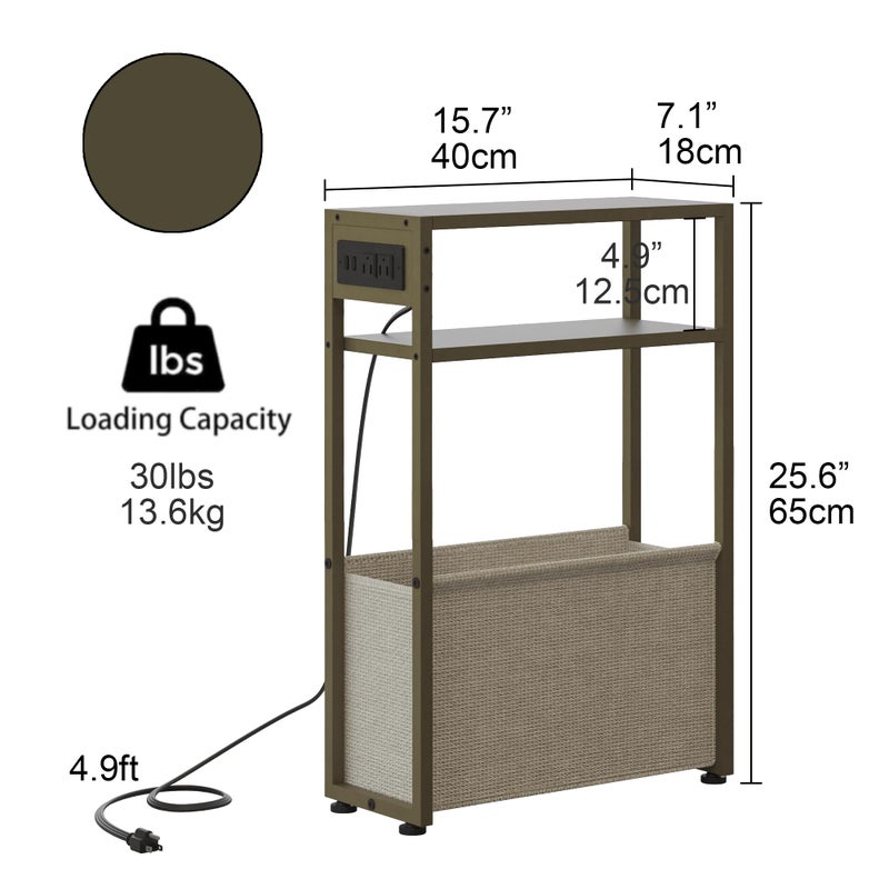 Leomonio Green Side Table with Charging Station, Slim End Tables with Linen Basket, Skinny Table for Small Spaces, Thin Bedside Table for Living Room, Bedroom - Image 2