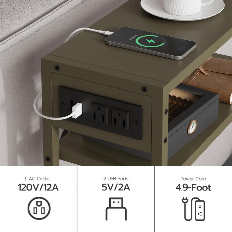 Leomonio Green Side Table with Charging Station, Slim End Tables with Linen Basket, Skinny Table for Small Spaces, Thin Bedside Table for Living Room, Bedroom - Image 5