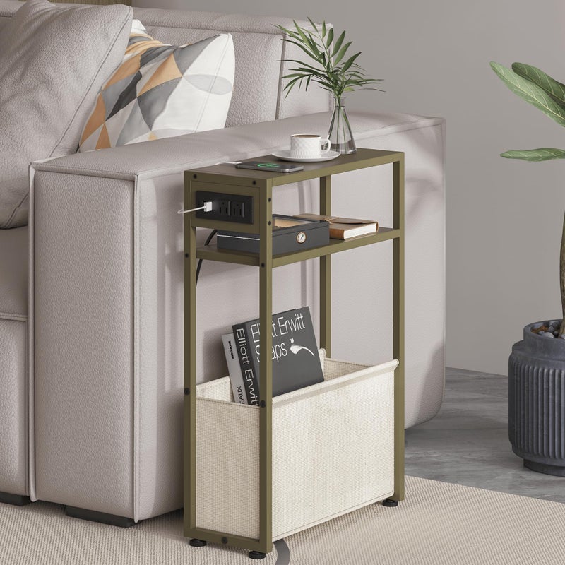 Leomonio Green Side Table with Charging Station, Slim End Tables with Linen Basket, Skinny Table for Small Spaces, Thin Bedside Table for Living Room, Bedroom - Image 1