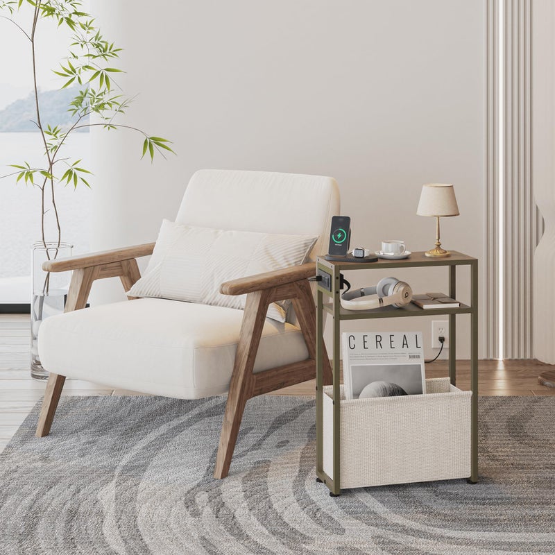 Leomonio Green Side Table with Charging Station, Slim End Tables with Linen Basket, Skinny Table for Small Spaces, Thin Bedside Table for Living Room, Bedroom - Image 3