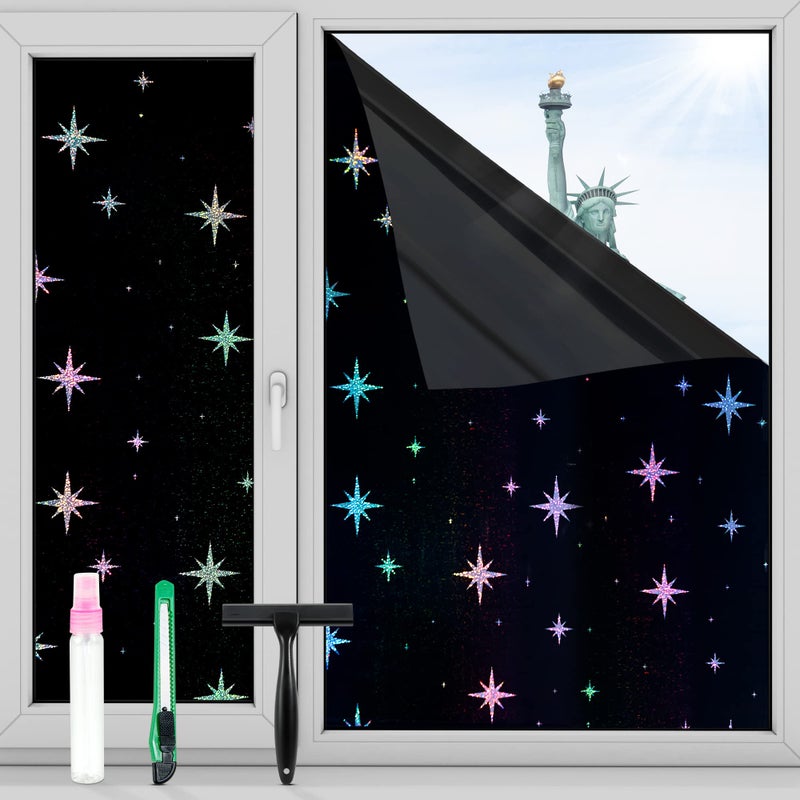 FuFin Total Blackout Window Film with Free Installation Tools ExplosionProof PET Material 100 UV and Light Blocking Rainbow Star Laser Room Darkening Window Film Black Star 175 x 787