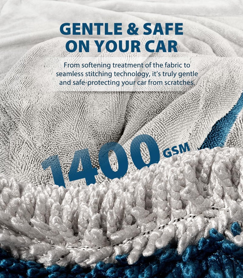KKV منشفة تجفيف SUV كاملة الحجم KKV، 48"x24" منشفة تنظيف سيارات من الألياف الدقيقة ذات وجهين بتقنية الخيوط الملتوية، 1400GSM فائقة الامتصاص، خالية من الخدوش، قابلة للغسل في الغسالة (رمادي فاتح-أزرق بحري) - Image 3