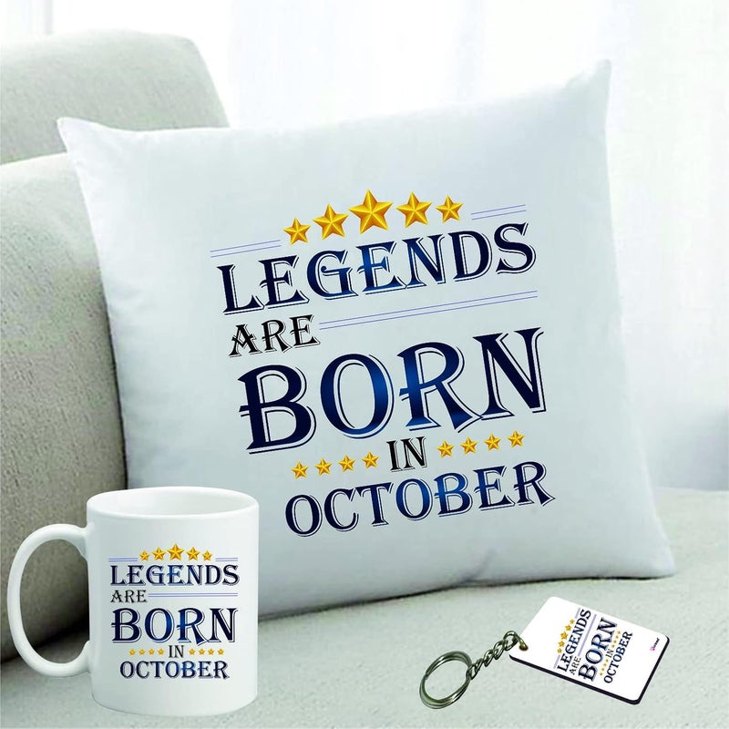 PICRAZEE PICRAZEE Legends are Born in October Happy Birthday Gift Combo Set 1 Printed 12 x 12 Satin Cushion with Filler 1 Coffee Mug 1 Key Ring October CMK