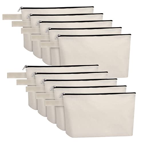 Sinzip 10 Pieces Cotton Canvas Makeup Bag with Bottom, Multi-Purpose Cosmetic Bag with Zipper Travel Toiletry Pouch, Blank DIY Craft Bag Pencil Bag (M, White), MN-WB07 - Image 1