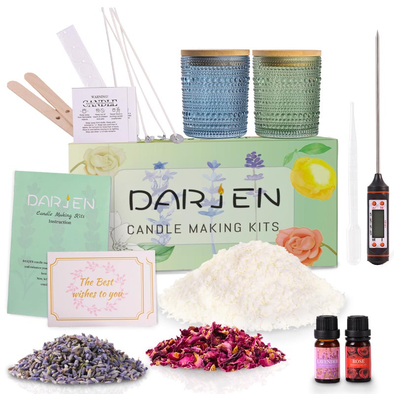 DARJEN Candle Making Kits for Beginners, DIY Starter Scented Candles Making Kit - 2 Glass Jars(Blue, Green), Soy Wax, Scented, Card & More, Full Soy Candle Making Supplies Set Perfect Gifts - Image 1