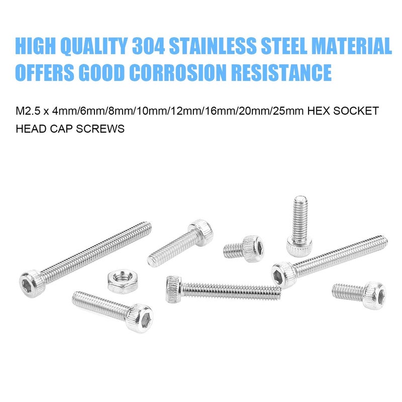 DYWISHKEY ديوايشكي 360 قطعة M2.5 × 4 مم/6 مم/8 مم/10 مم/12 مم/16 مم/20 مم/25 مم، براغي وصواميل من الفولاذ المقاوم للصدأ 304 مع رأس سداسي ومجموعة من المفاتيح السداسية - Image 2