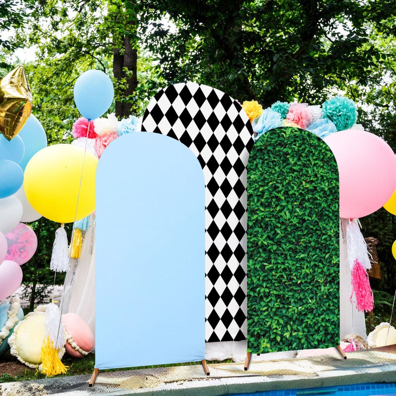RimCereal 3 Set Wonderland Tea Party Spandex Stretch Arch Cover Backdrops Wonderland Tea Party Photo Background Checkered Grass Arch Stand Cover Photo Props for Birthday(Cute Colo,Novel) - Image 5